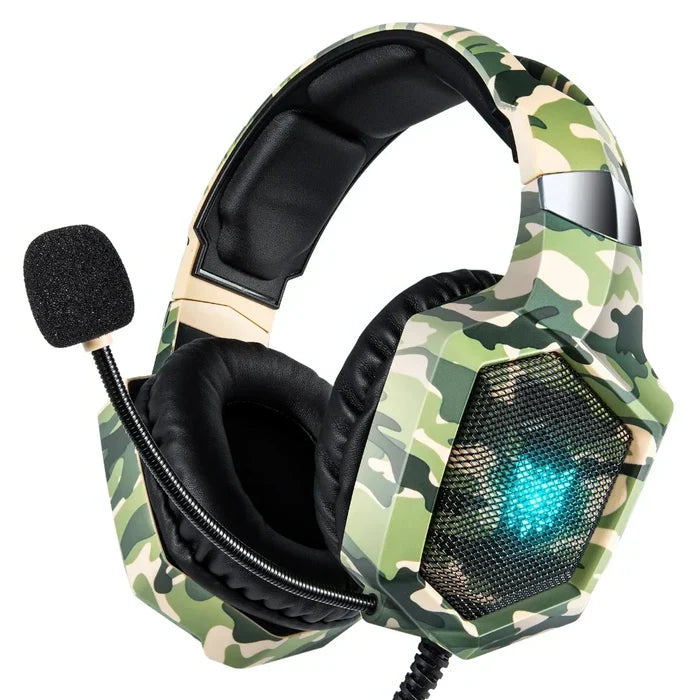 LED Gaming Headset K8, Revised: black, dark gray over-ear gaming headset with boom microphone, futuristic gaming style