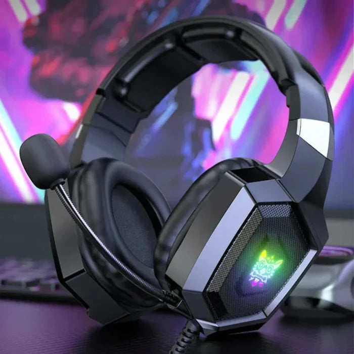 LED Gaming Headset K8, Revised: black, dark gray over-ear gaming headset with boom microphone, futuristic gaming style