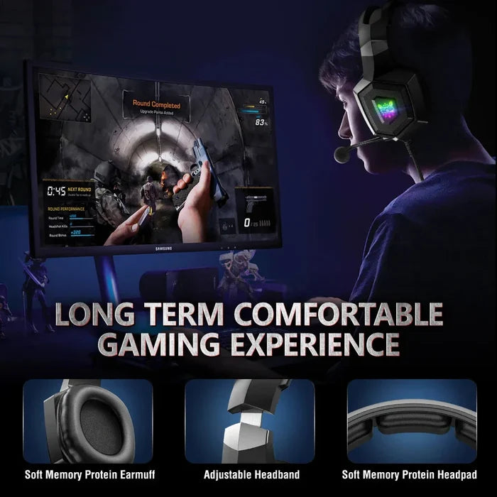 LED Gaming Headset K8, Revised: black, dark gray over-ear gaming headset with boom microphone, futuristic gaming style