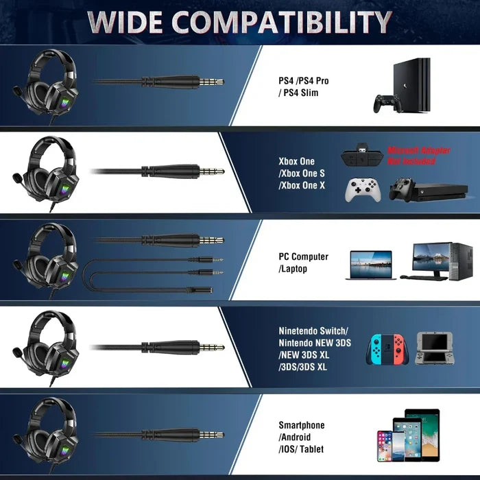 LED Gaming Headset K8, Revised: black, dark gray over-ear gaming headset with boom microphone, futuristic gaming style