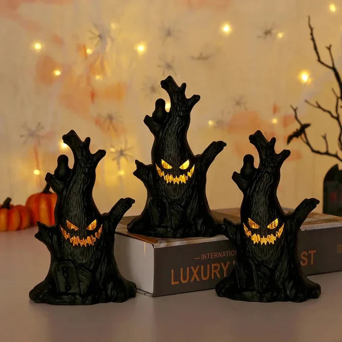 LED Haunted Tree Halloween Decor: black, yellow-orange spooky haunted tree characters, cartoon spooky Halloween style