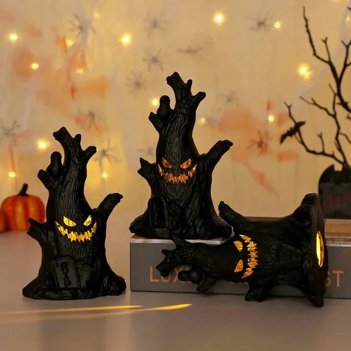 LED Haunted Tree Halloween Decor: black, yellow-orange spooky haunted tree characters, cartoon spooky Halloween style