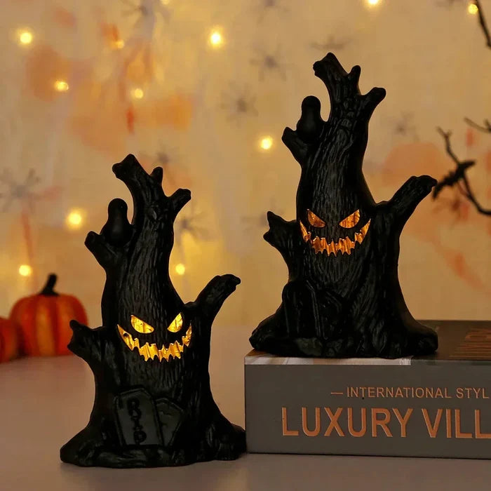 LED Haunted Tree Halloween Decor: black, yellow-orange spooky haunted tree characters, cartoon spooky Halloween style