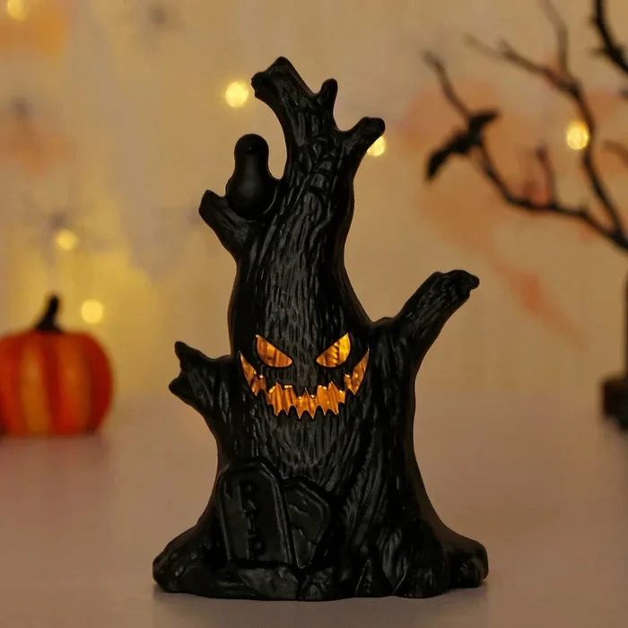 LED Haunted Tree Halloween Decor: black, yellow-orange spooky haunted tree characters, cartoon spooky Halloween style
