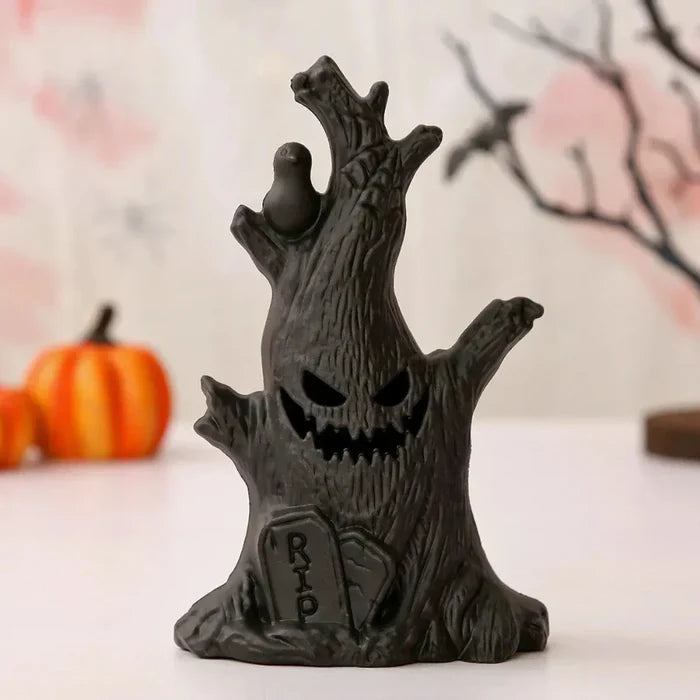 LED Haunted Tree Halloween Decor: black, yellow-orange spooky haunted tree characters, cartoon spooky Halloween style