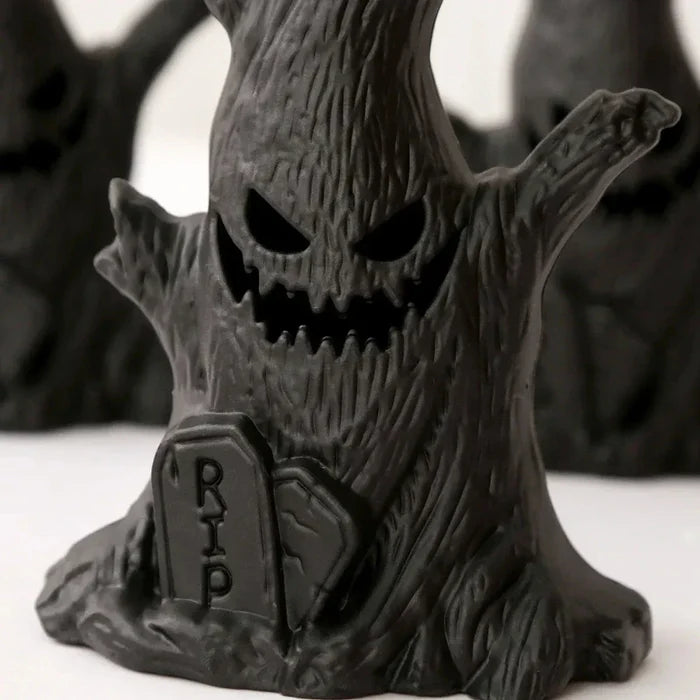 LED Haunted Tree Halloween Decor: black, yellow-orange spooky haunted tree characters, cartoon spooky Halloween style