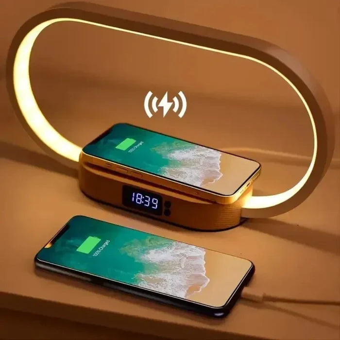 LED Lamp Station with Wireless Charging for Wooden Surfaces: gold, bronze wireless charging alarm clock/stand, modern minimal