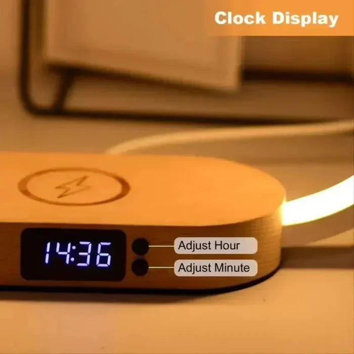LED Lamp Station with Wireless Charging for Wooden Surfaces: gold, bronze wireless charging alarm clock/stand, modern minimal