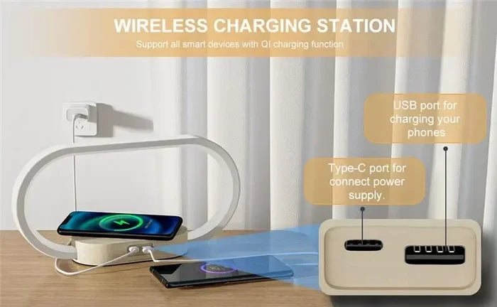 LED Lamp Station with Wireless Charging for Wooden Surfaces: gold, bronze wireless charging alarm clock/stand, modern minimal