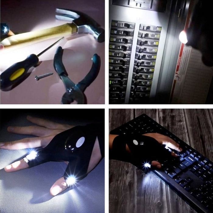 LED Multipurpose Flashlight Gloves: black, white fingerless LED flashlight gloves, functional outdoor gear style