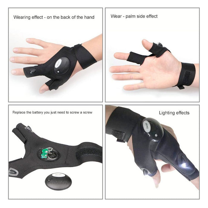 LED Multipurpose Flashlight Gloves: black, white fingerless LED flashlight gloves, functional outdoor gear style