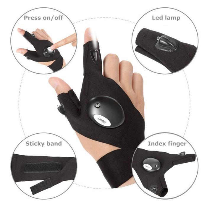 LED Multipurpose Flashlight Gloves: black, white fingerless LED flashlight gloves, functional outdoor gear style