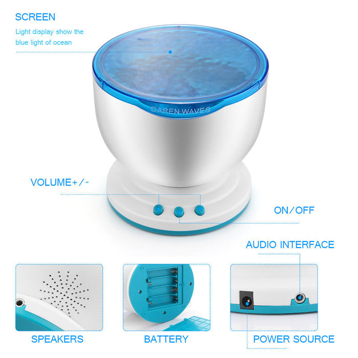LED Ocean Wave Light Projector: blue, cyan decorative light projector, minimal style