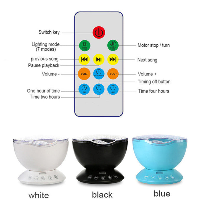 LED Ocean Wave Projector Speaker with Remote Control, High-Quality: white, blue ocean wave projector night light, modern deco