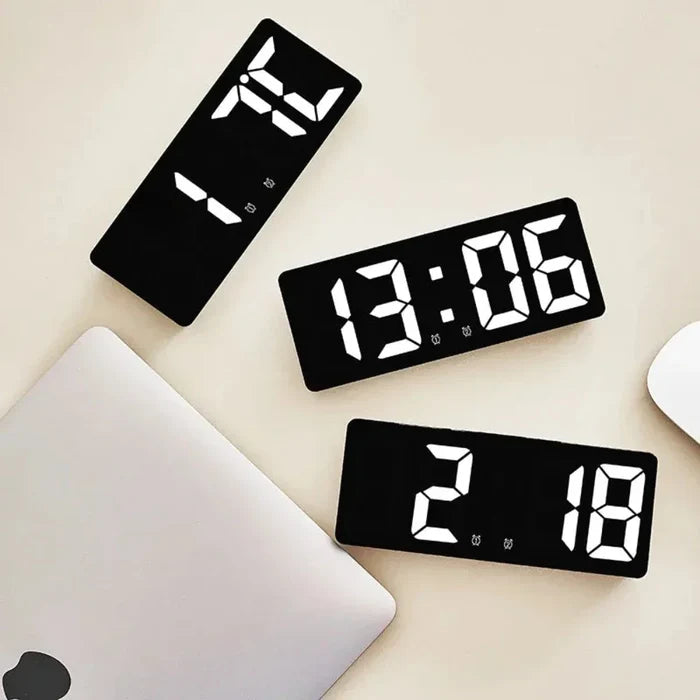 LED Temperature Schedule Reminder Clock: black, gray digital alarm clocks, minimal modern style