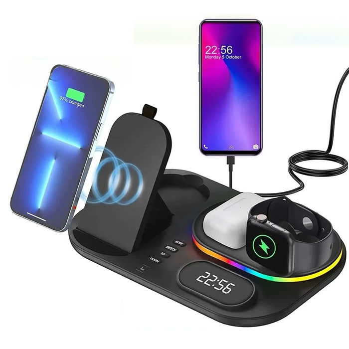 LED Wireless Charging Station with 4-in-1 Functionality: black, dark gray multi-device charging station, modern tech style