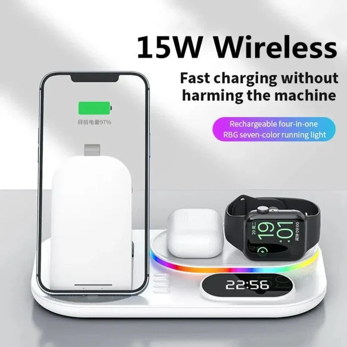 LED Wireless Charging Station with 4-in-1 Functionality: black, dark gray multi-device charging station, modern tech style