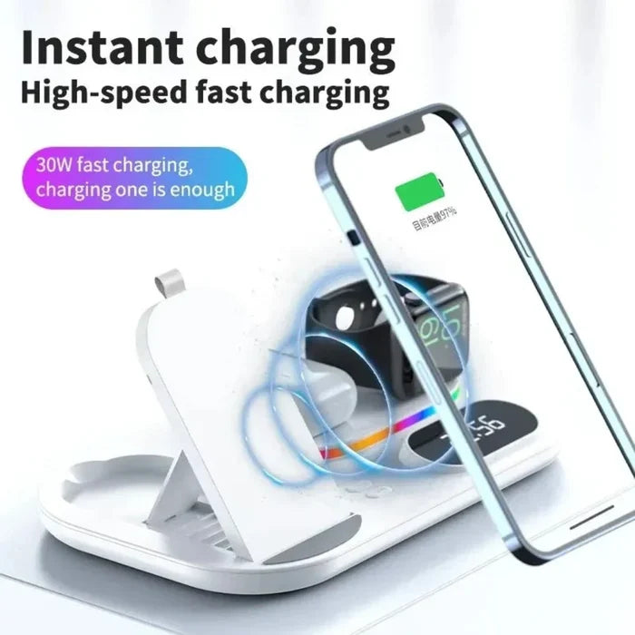 LED Wireless Charging Station with 4-in-1 Functionality: black, dark gray multi-device charging station, modern tech style
