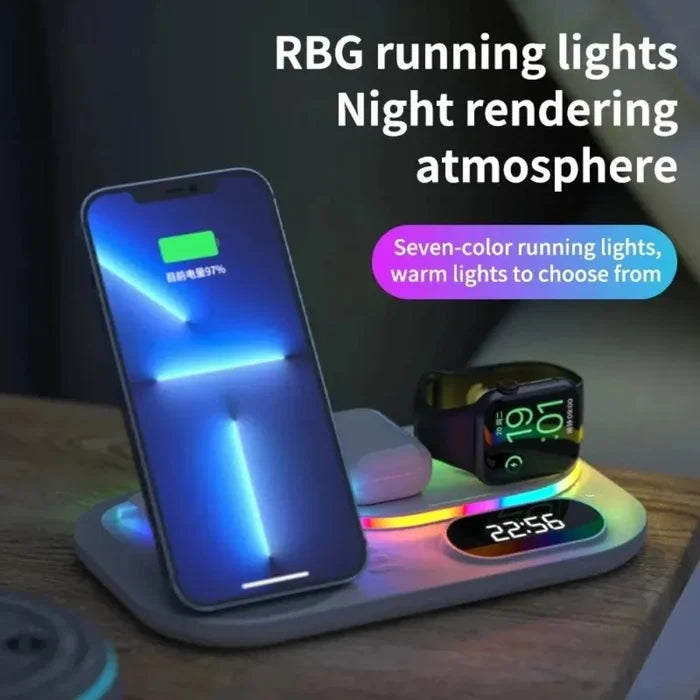 LED Wireless Charging Station with 4-in-1 Functionality: black, dark gray multi-device charging station, modern tech style