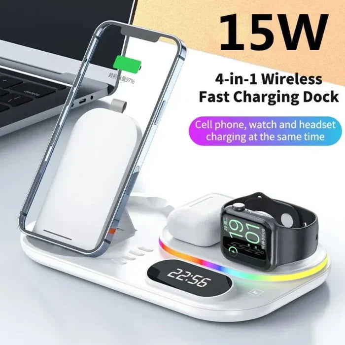 LED Wireless Charging Station with 4-in-1 Functionality: black, dark gray multi-device charging station, modern tech style