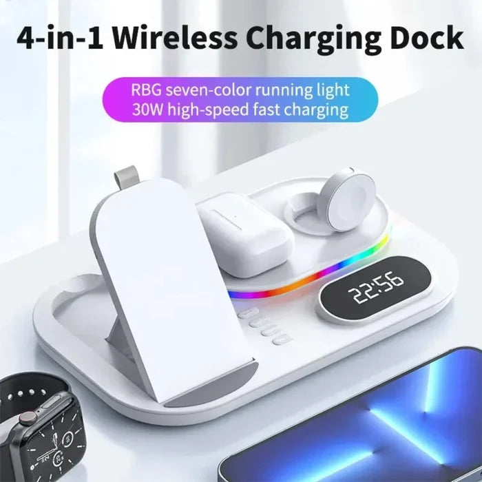LED Wireless Charging Station with 4-in-1 Functionality: black, dark gray multi-device charging station, modern tech style