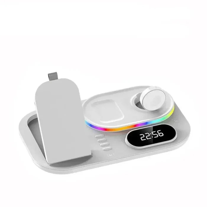 LED Wireless Charging Station with 4-in-1 Functionality: black, dark gray multi-device charging station, modern tech style