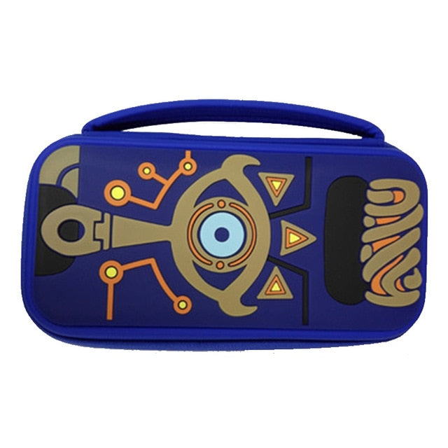 Legend of Zelda Switch Case with Sheikah Slate Design: blue, black abstract robot/cyclops graphic, cartoon style