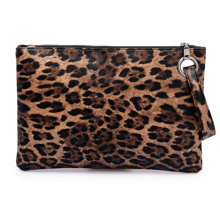 Leopard Pattern Faux Leather Women's Envelope Clutch Brown