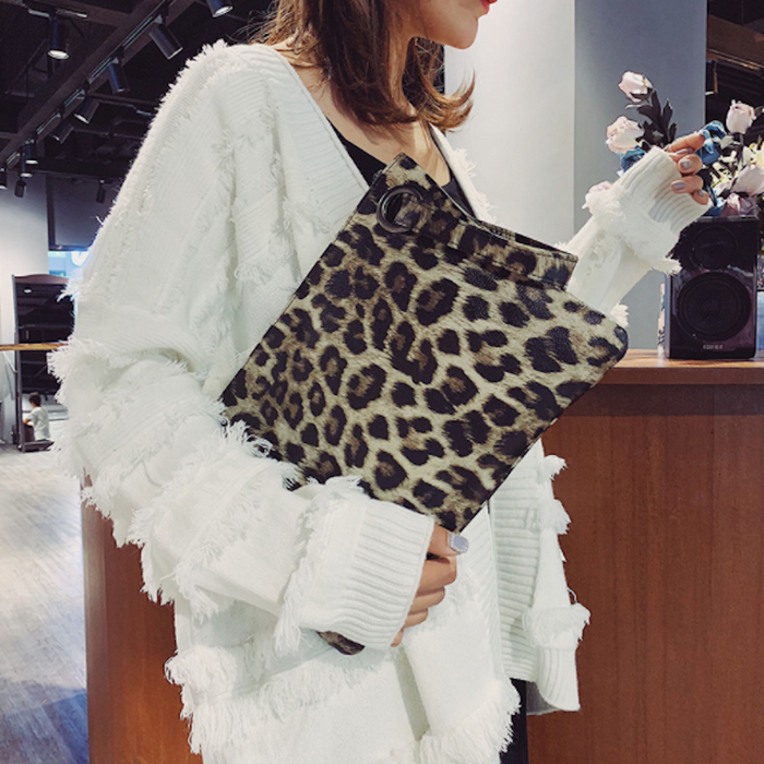 Leopard Pattern Faux Leather Women's Envelope Clutch: brown, black clutch bag, animal print style