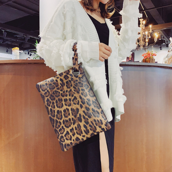 Leopard Pattern Faux Leather Women's Envelope Clutch: brown, black clutch bag, animal print style