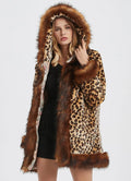 Leopard-Print Women's Hooded Jacket with Faux Fur Collar: tan, brown leopard print, glamorous animal-print style
