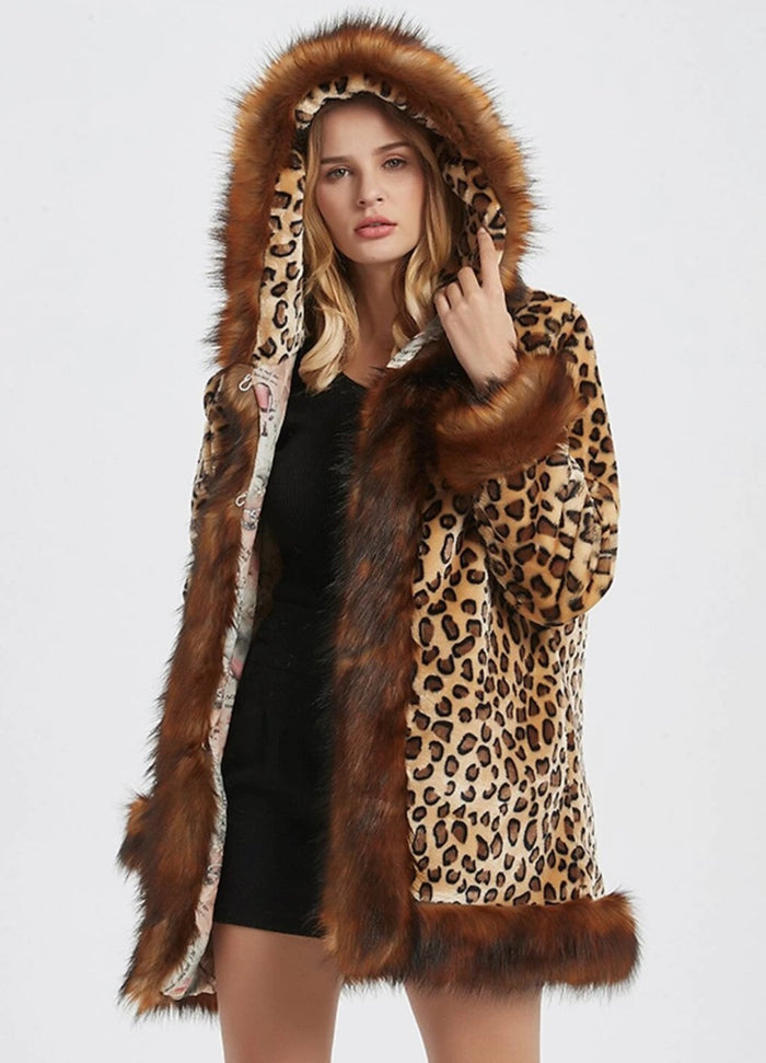 Leopard-Print Women's Hooded Jacket with Faux Fur Collar: tan, brown leopard print, glamorous animal-print style