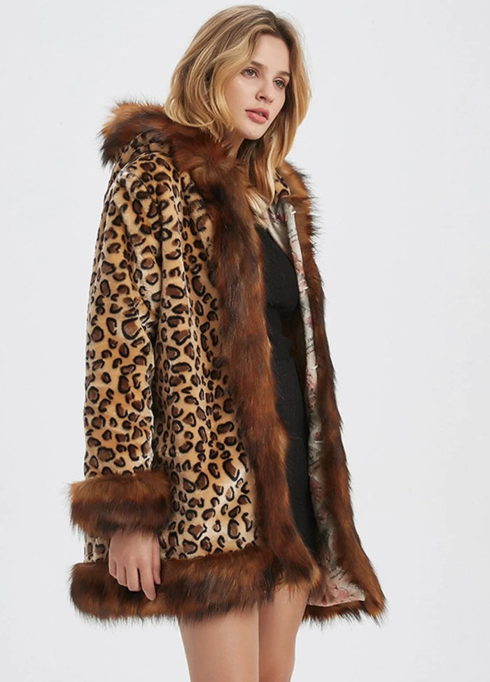 Leopard-Print Women's Hooded Jacket with Faux Fur Collar: tan, brown leopard print, glamorous animal-print style