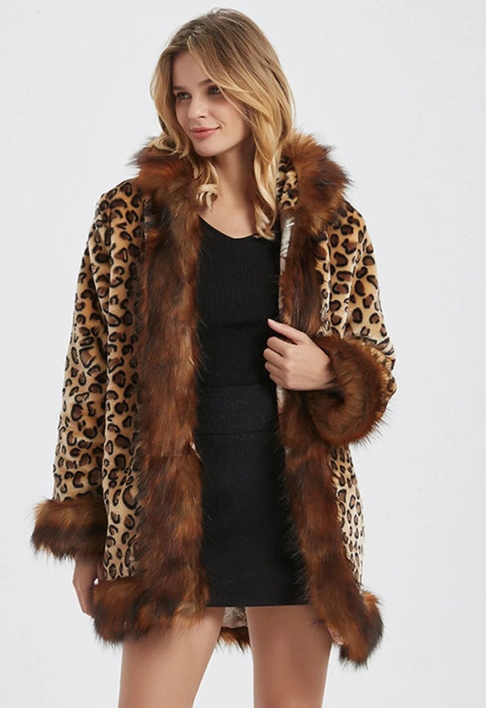 Leopard-Print Women's Hooded Jacket with Faux Fur Collar: tan, brown leopard print, glamorous animal-print style