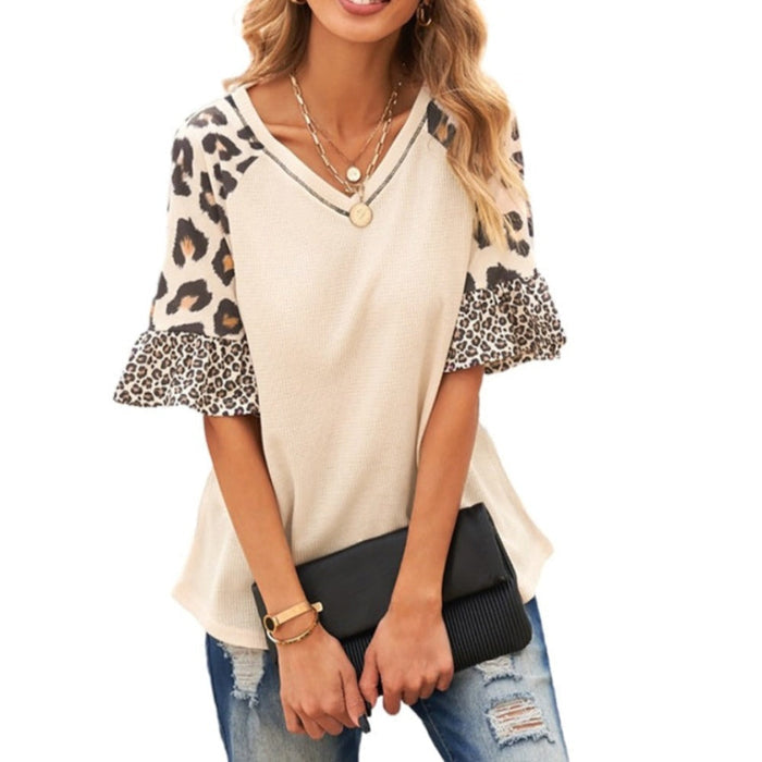 Leopard Print Womens Sleeve Top: cream, black women's short-sleeve top, casual animal-print color-block style