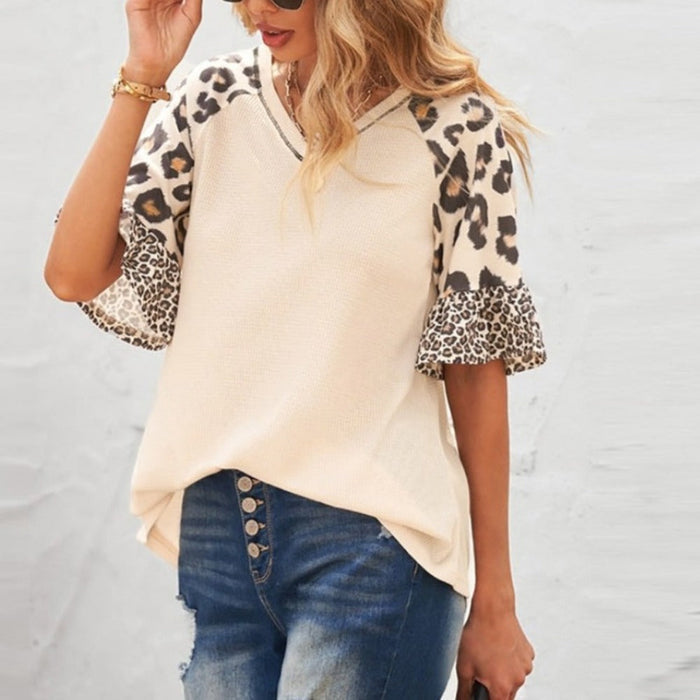 Leopard Print Womens Sleeve Top: cream, black women's short-sleeve top, casual animal-print color-block style