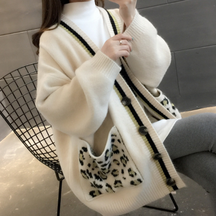 Leopard Print Women's Sweater: cream, black cardigan, casual style