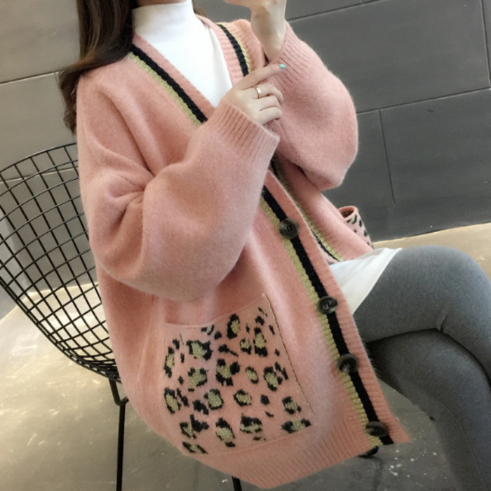 Leopard Print Women's Sweater: cream, black cardigan, casual style