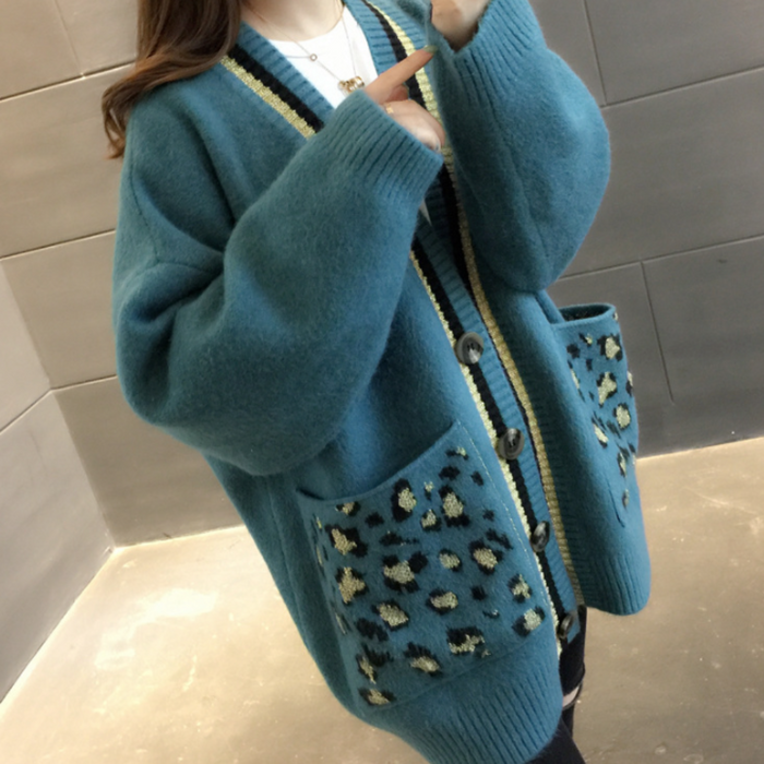 Leopard Print Women's Sweater: cream, black cardigan, casual style