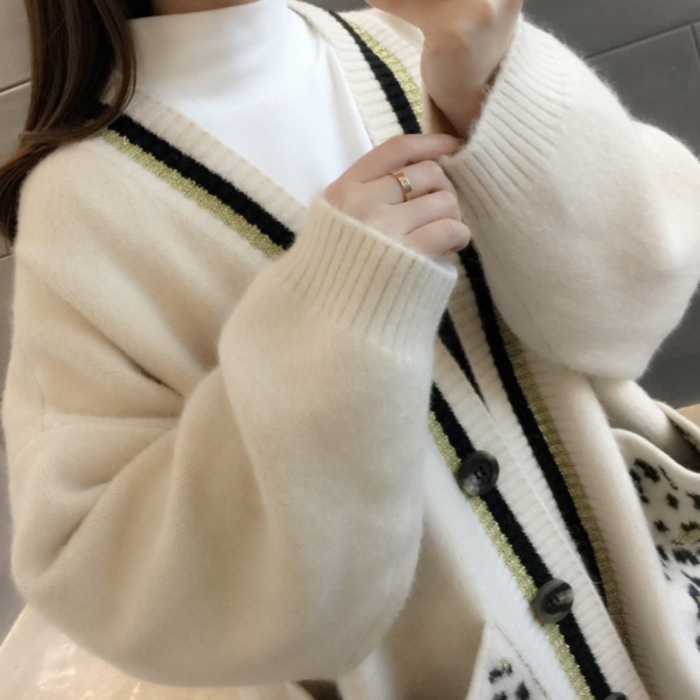 Leopard Print Women's Sweater: cream, black cardigan, casual style