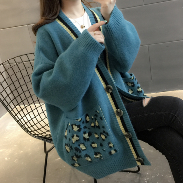 Leopard Print Women's Sweater: cream, black cardigan, casual style