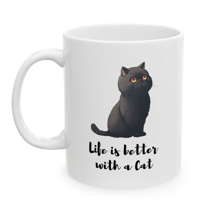 Life is Enhanced with a Feline Mug: white, black black cat, cartoon style