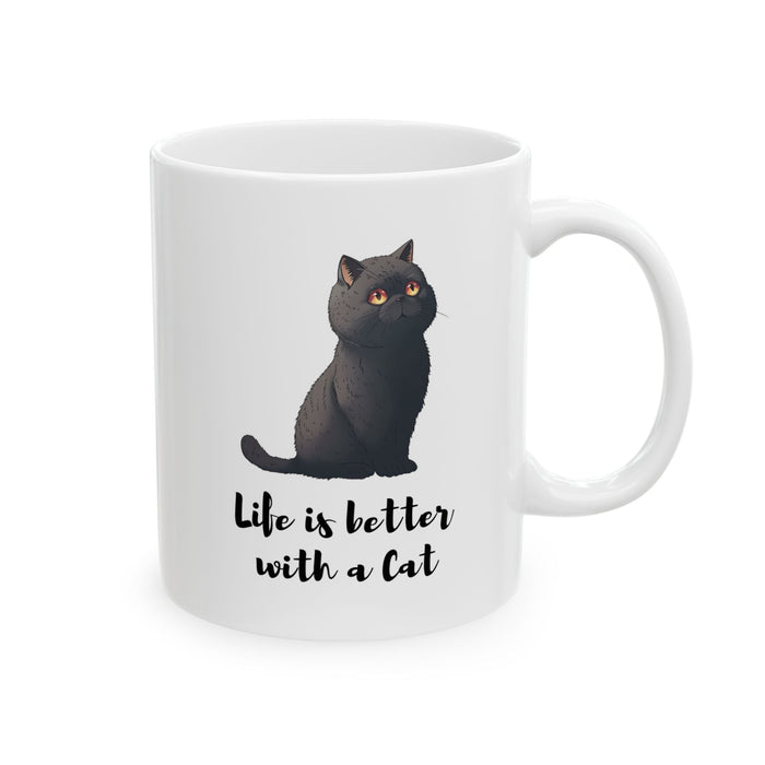 Life is Enhanced with a Feline Mug: white, black black cat, cartoon style