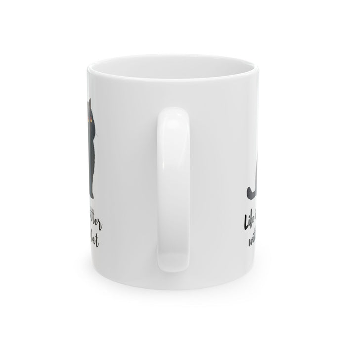 Life is Enhanced with a Feline Mug: white, black black cat, cartoon style