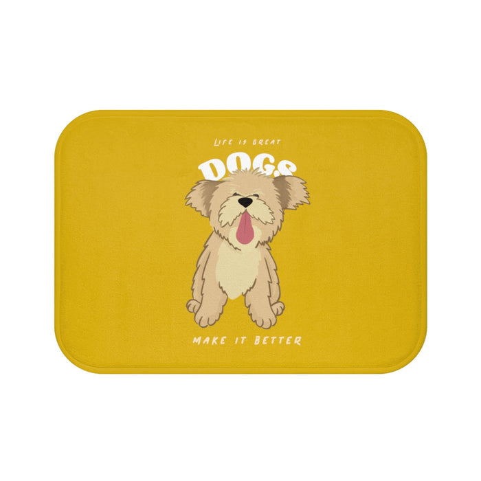 Life is Wonderful, Canines Enhance it Bath Mat: mustard yellow, beige cartoon dog