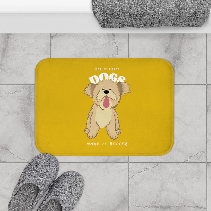 Life is Wonderful, Canines Enhance it Bath Mat: mustard yellow, beige cartoon dog