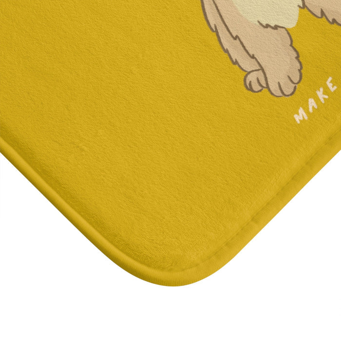 Life is Wonderful, Canines Enhance it Bath Mat: mustard yellow, beige cartoon dog