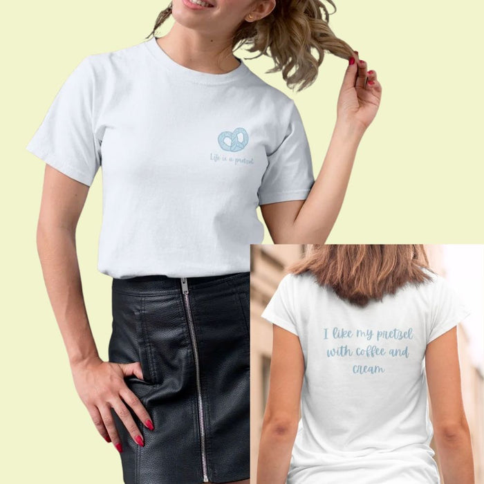Life's a Twisted T-Shirt for Women: white, light blue pretzel graphic and coffee-themed text, minimal casual graphic style