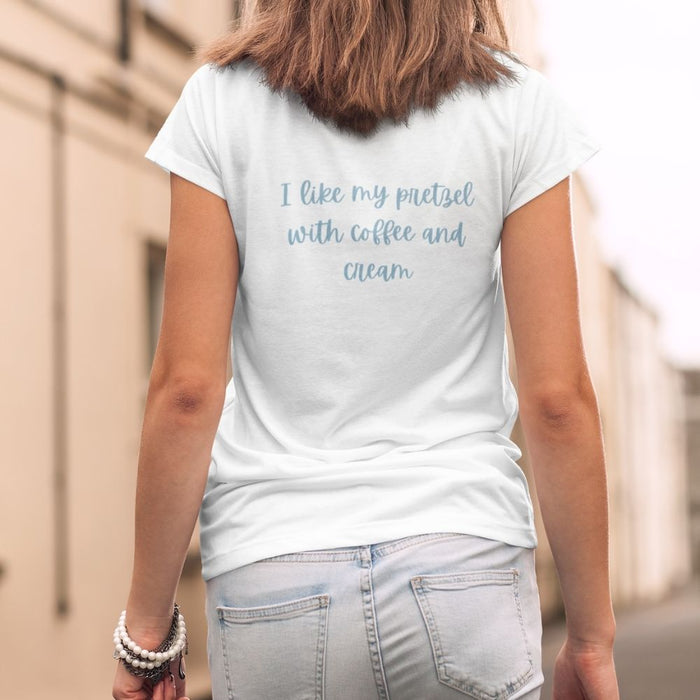 Life's a Twisted T-Shirt for Women: white, light blue pretzel graphic and coffee-themed text, minimal casual graphic style