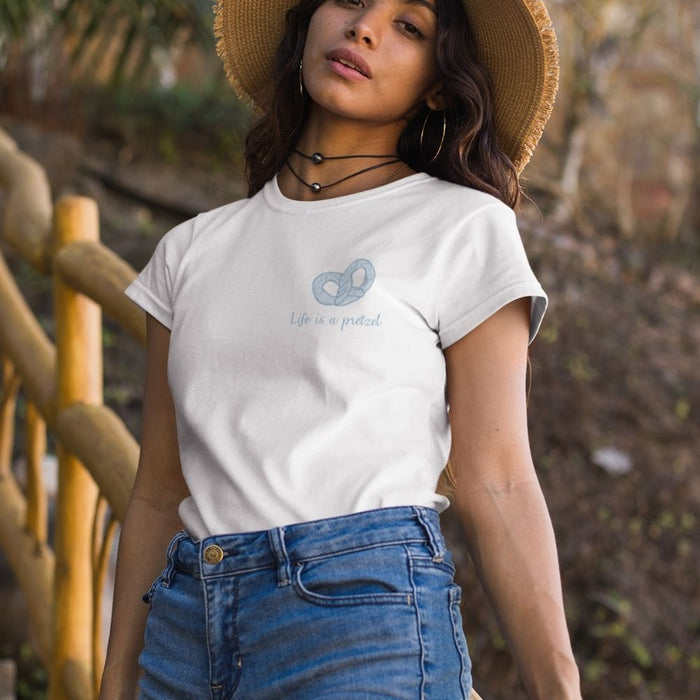 Life's a Twisted T-Shirt for Women: white, light blue pretzel graphic and coffee-themed text, minimal casual graphic style